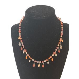 Beaded Coral Pink Orange Necklace 16” Dangle Drop Boho Statement Necklace